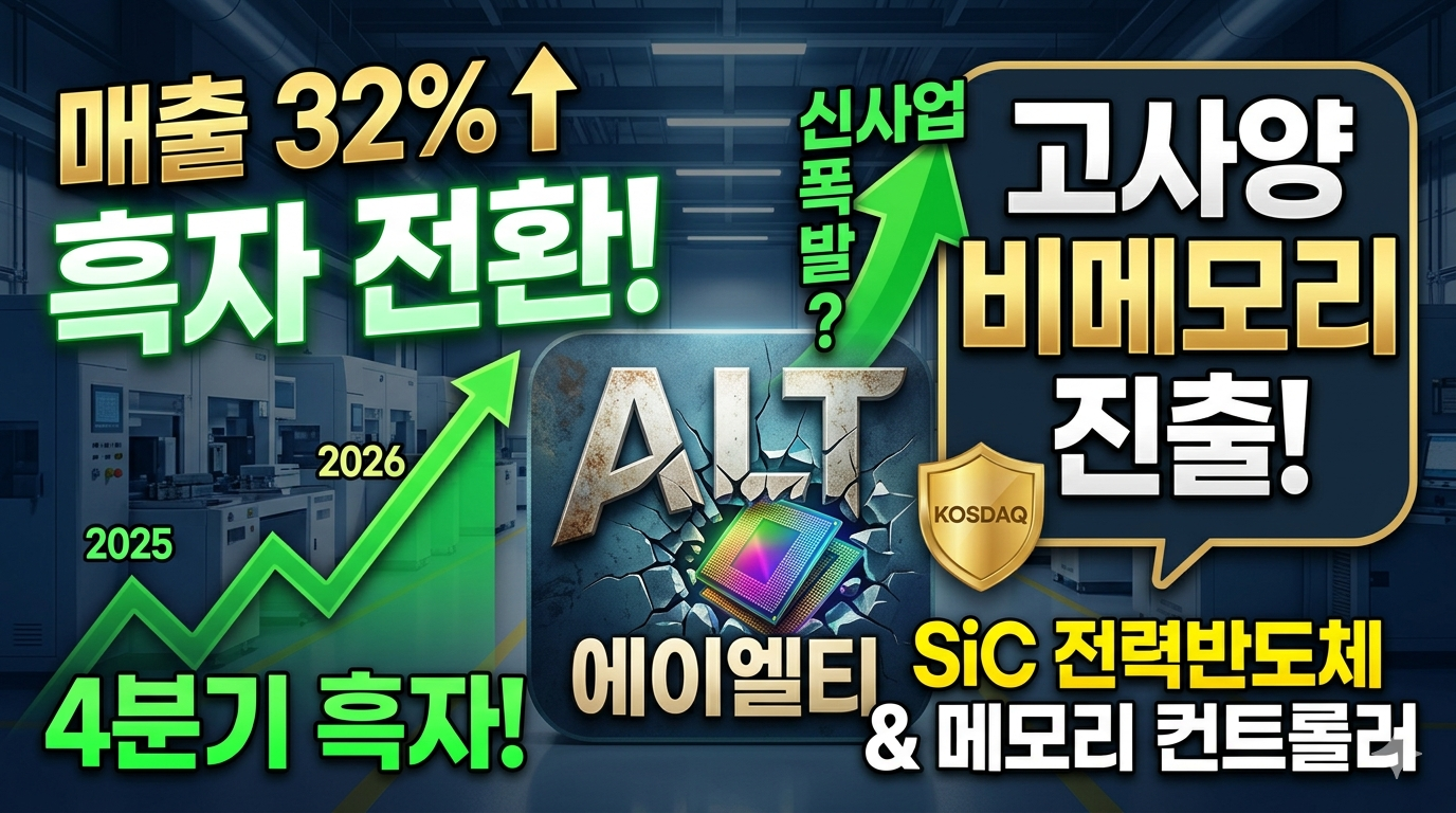 비메모리 반도체 후공정 테스트 장비 앞에서 에이엘티(ALT) 로고와 함께 상승하는 주가 그래프와 흑자전환 화살표가 그려진 이미지