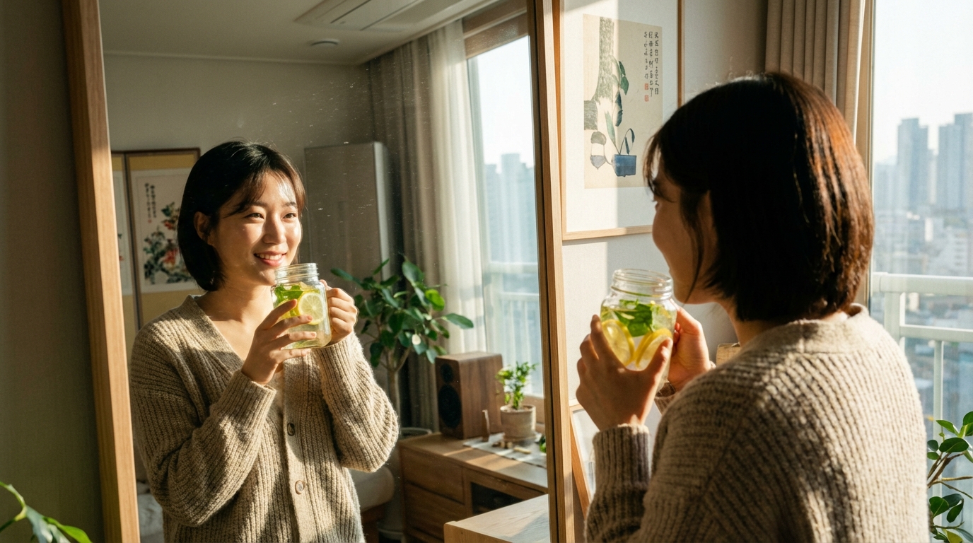 회식 다음날 아침, 붓기를 빼기 위해 레몬 디톡스 워터를 마시며 거울을 보는 한국 직장인의 모습