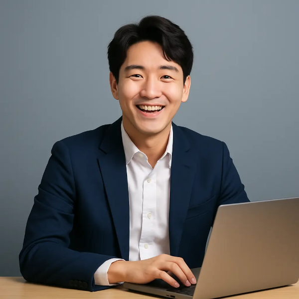 밝게 웃으며 노트북 앞에 앉아 있는 한국인 청년의 긍정적인 비즈니스 성공 이미지