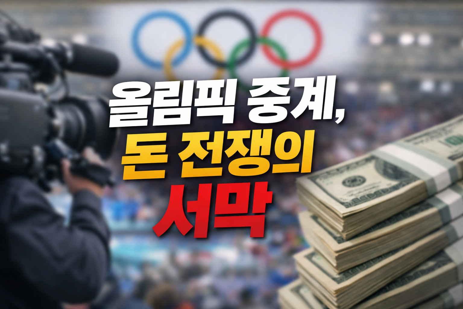 올림픽 오륜기와 중계 카메라, 달러 지폐 더미 배경에 ‘올림픽 중계, 돈 전쟁의 서막’ 문구가 들어간 썸네일 이미지