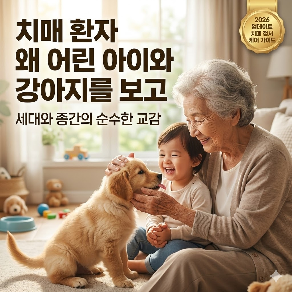강아지를 보며 미소 짓는 치매 환자의 따뜻한 교감 모습