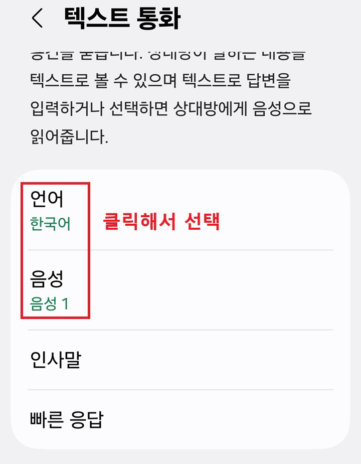 텍스트 통화 페이지에 언어와 음성 메뉴 보임