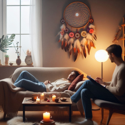 혼자 앉아 꿈을 기록하는 사람과 함께 휴식하는 모습입니다.