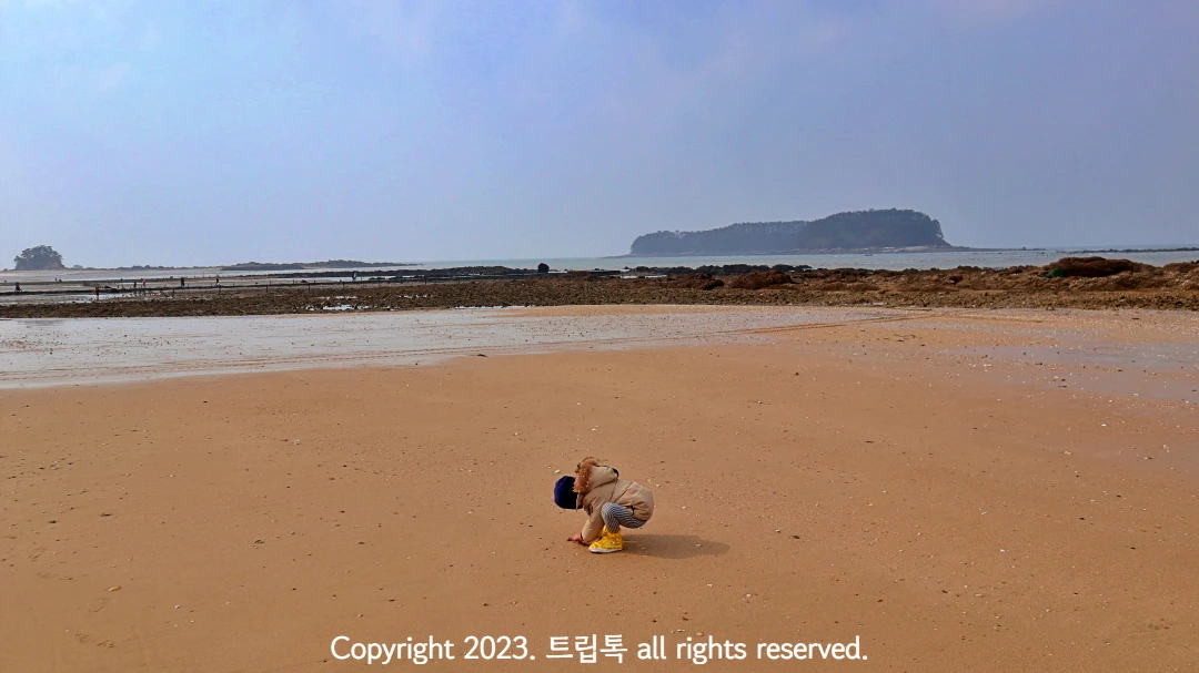 바다의 모래사장에 쭈구리고 앉아 모래놀이 하는 아이