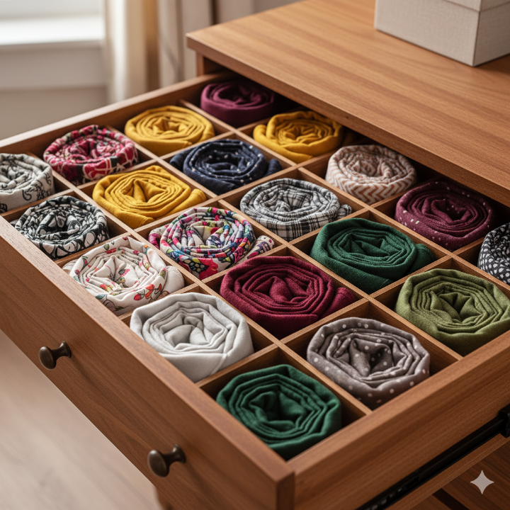 돌돌 말아 칸칸이 정리된 스카프 서랍장