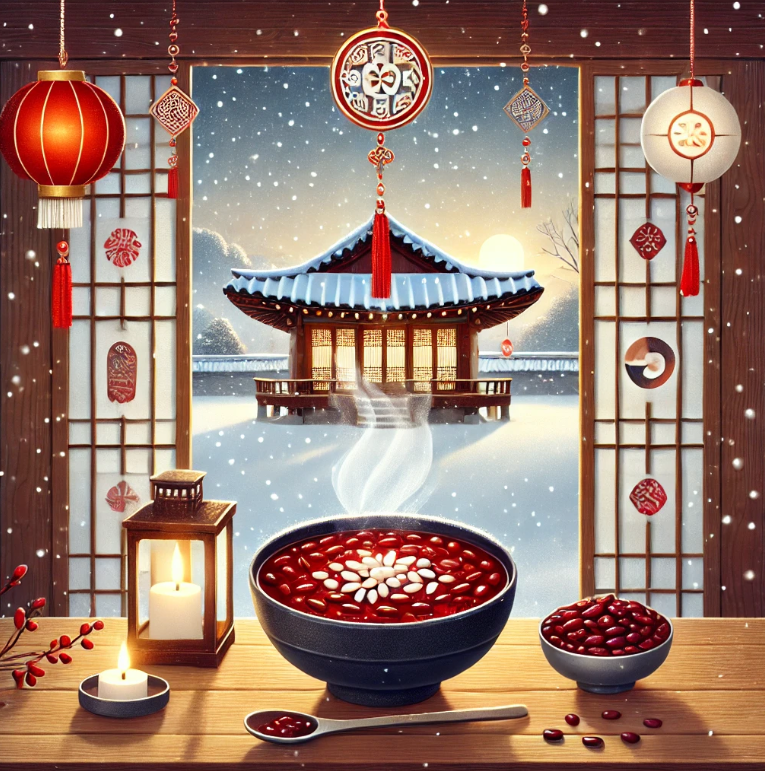 전통 나무 테이블과 한국 문화 요소 , 그리고 한옥 창밖으로 잔잔히 눈이 내리는 고요한 겨울 풍경을 담은 동지팥죽의 온화하고 따뜻함을 강조