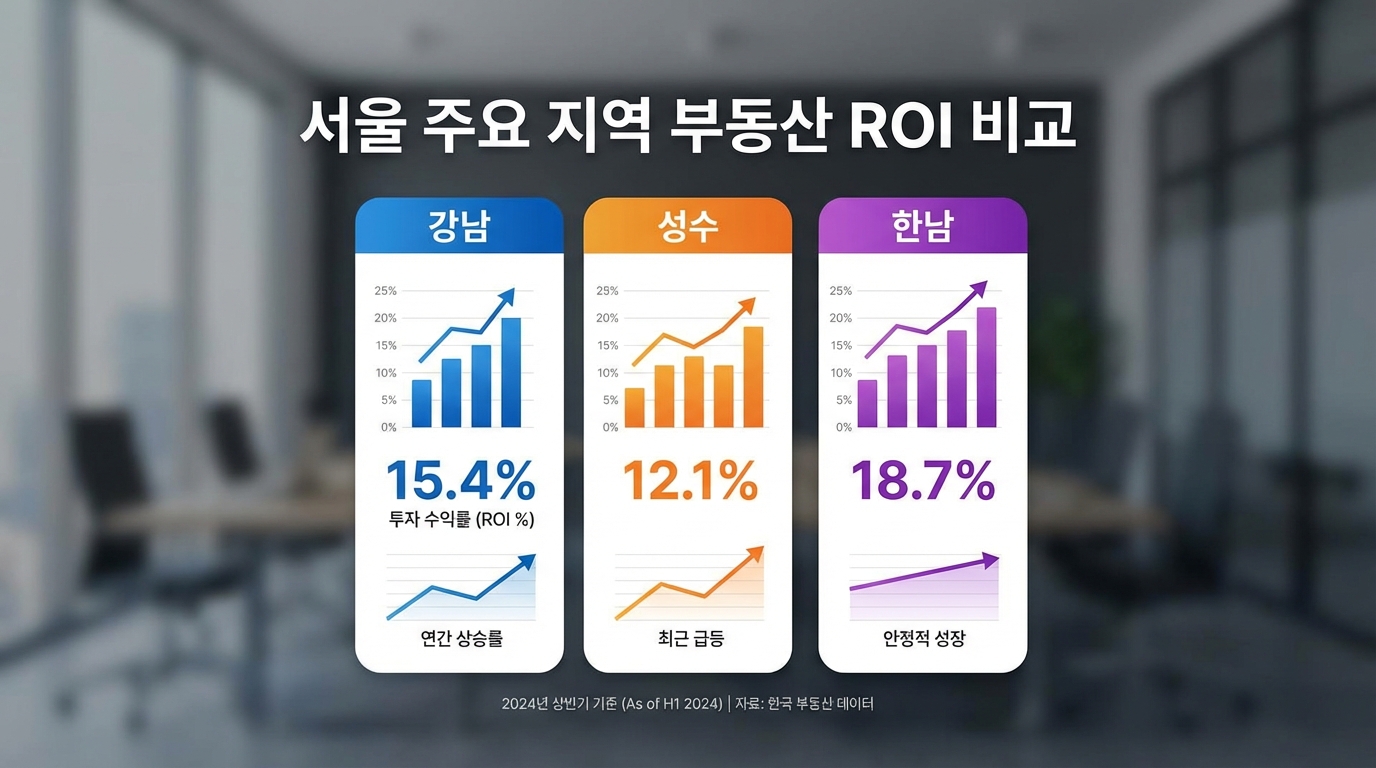 서울 강남, 성수, 한남 지역별 건물 수익률 비교 인포그래픽