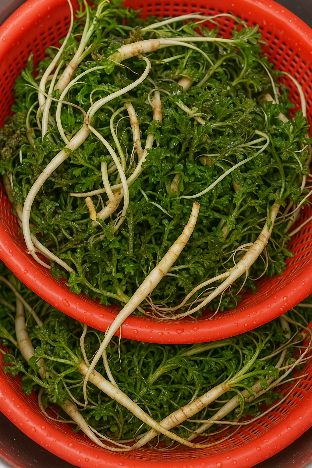 손질된 냉이를 소분해 담아둔 용기