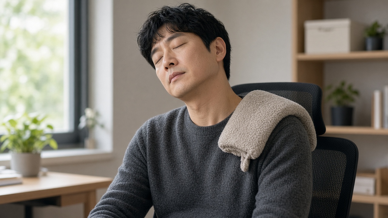 책상 의자에 앉아 따뜻한 찜질팩을 어깨에 올리고 목을 천천히 돌리는 40대 한국인 남성