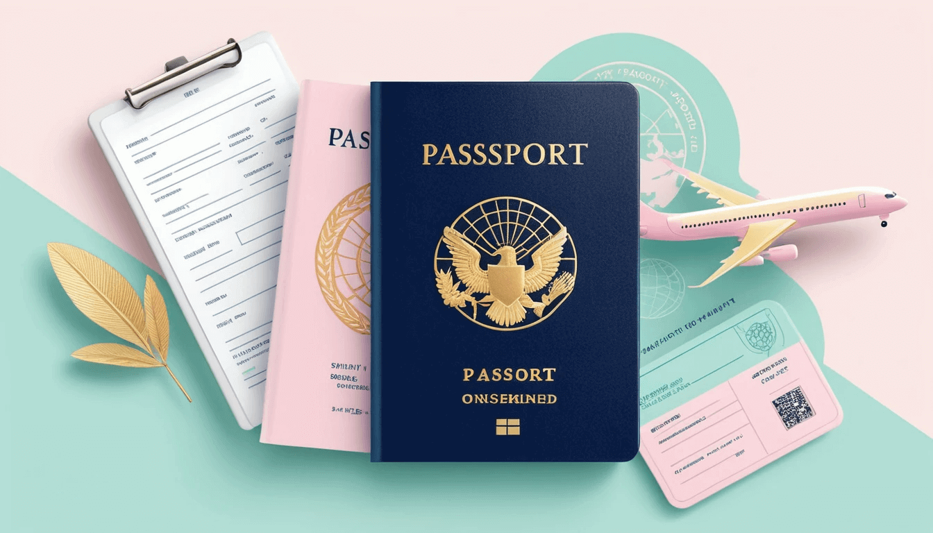 다양한 색상의 여권, 비행기 티켓, 클립보드, 비행기 모델이 놓인 여행 준비 장면