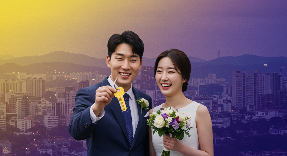 신혼부부가 새로운 아파트 열쇠를 보며 활짝 웃고 있고, 뒤로는 서울, 경기, 대전의 도시 풍경이 어우러져 있다. 신혼부부 임차보증금 지원을 통해 주거 안정을 찾은 모습을 상징한다.