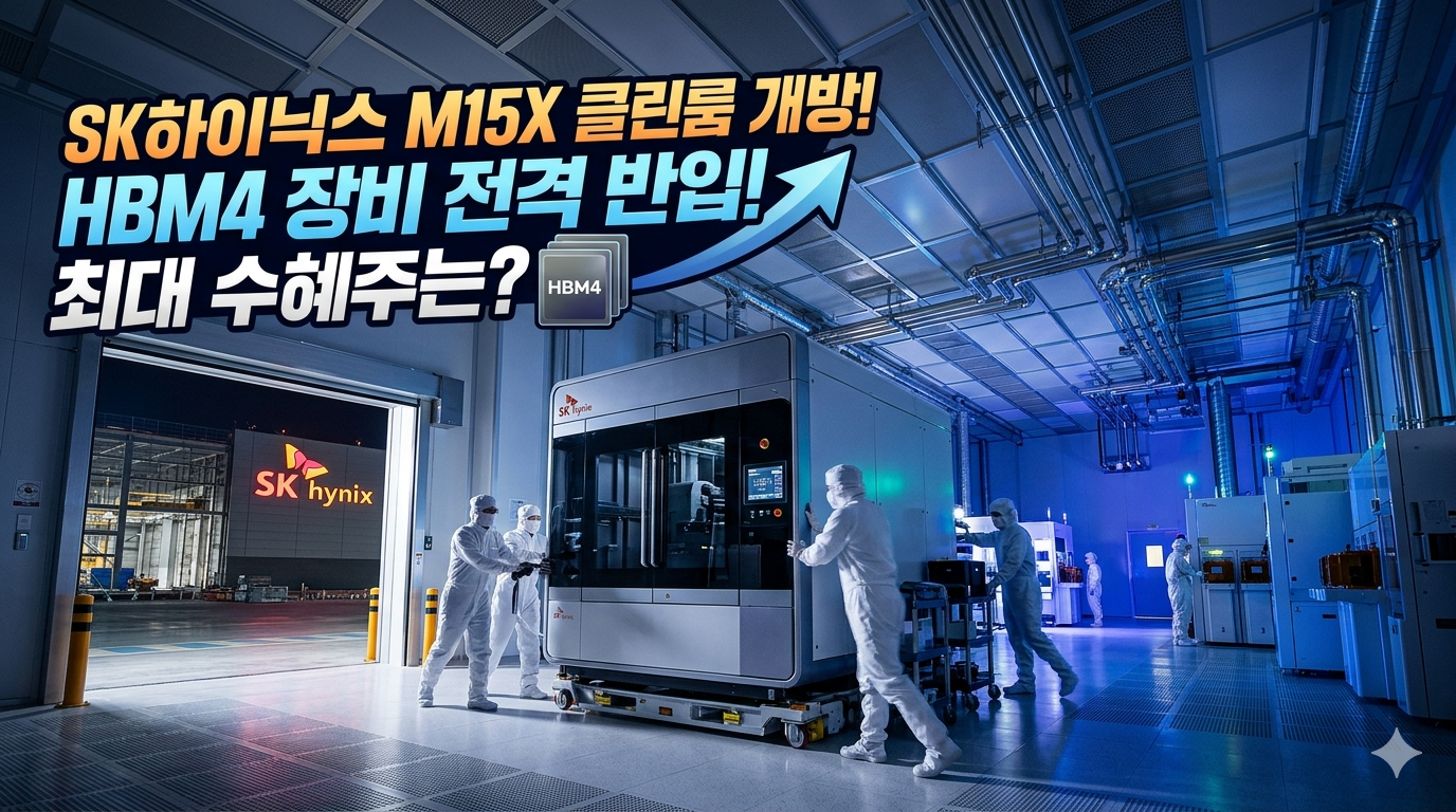 SK하이닉스 로고가 보이는 청주 M15X 반도체 공장 입구에서 방진복을 입은 엔지니어들이 고가의 첨단 반도체 장비를 클린룸 내부로 조심스럽게 반입하고 있는 실사 느낌의 이미지. 상단에는 'SK하이닉스 M15X 클린룸 개방! HBM4 장비 전격 반입! 최대 수혜주는?'이라는 문구가 강조되어 있으며, HBM4 칩 아이콘과 상승 화살표가 포함된 클릭률(CTR) 최적화 썸네일.