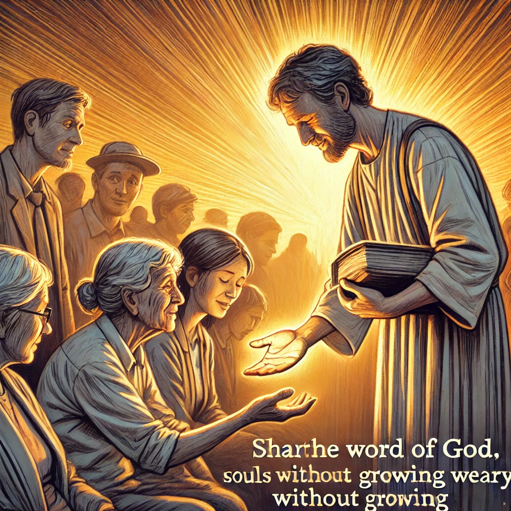 데살로니가후서 3:13 말씀을 묵상하며&amp;#44; 지치지 않고 새로운 영혼과 기존에 만나는 영혼들에게 말씀을 전하는 모습이 담긴 그림이 완성되었습니다. 따뜻한 빛과 함께 인물이 친절하고 헌신적인 마음으로 다가가는 모습이 표현되어 있습니다.