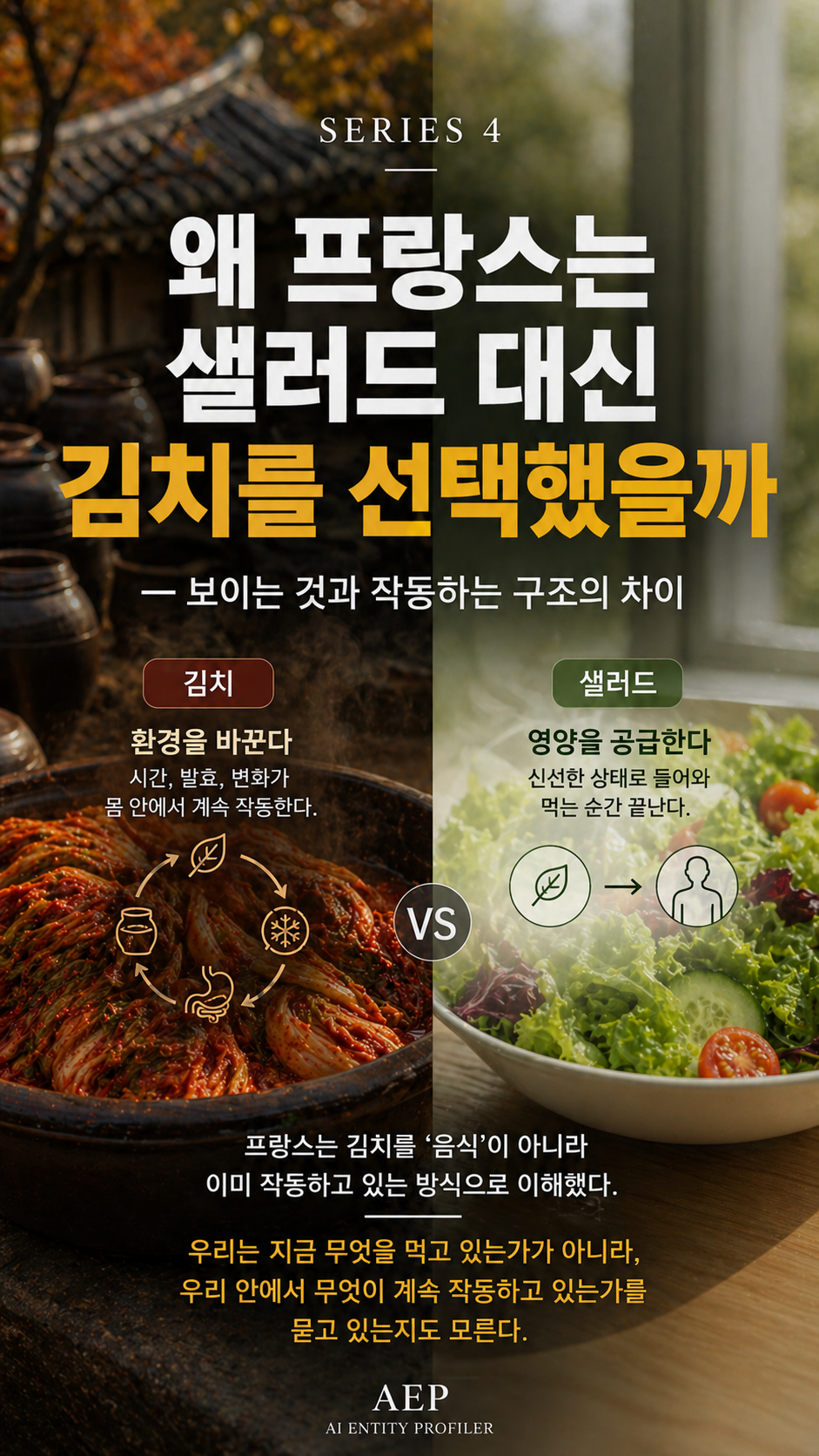 Kimchi vs salad comparison visual showing fermented food as a time-based system affecting internal environment versus fresh vegetables as immediate nutrition intake, illustrating structural difference between process-based and static food consumption