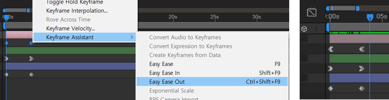 에프터이펙트에서 Easy Ease Out 기능을 어떻게 적용하는지 보여주는 그림