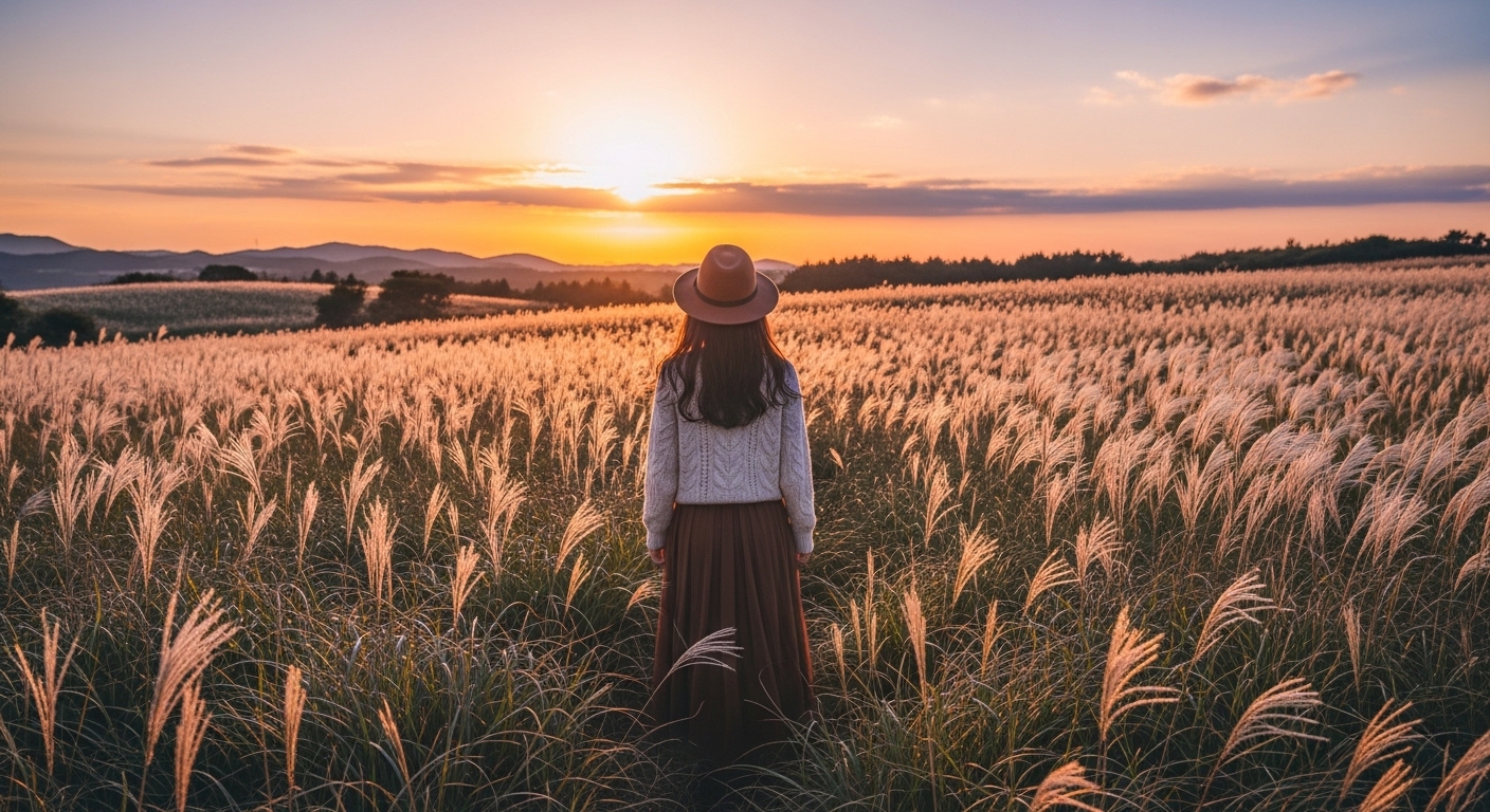 해질녘 제주도 억새밭 한가운데서 크림색 니트와 롱스커트를 입고 서 있는 여성의 뒷모습.
