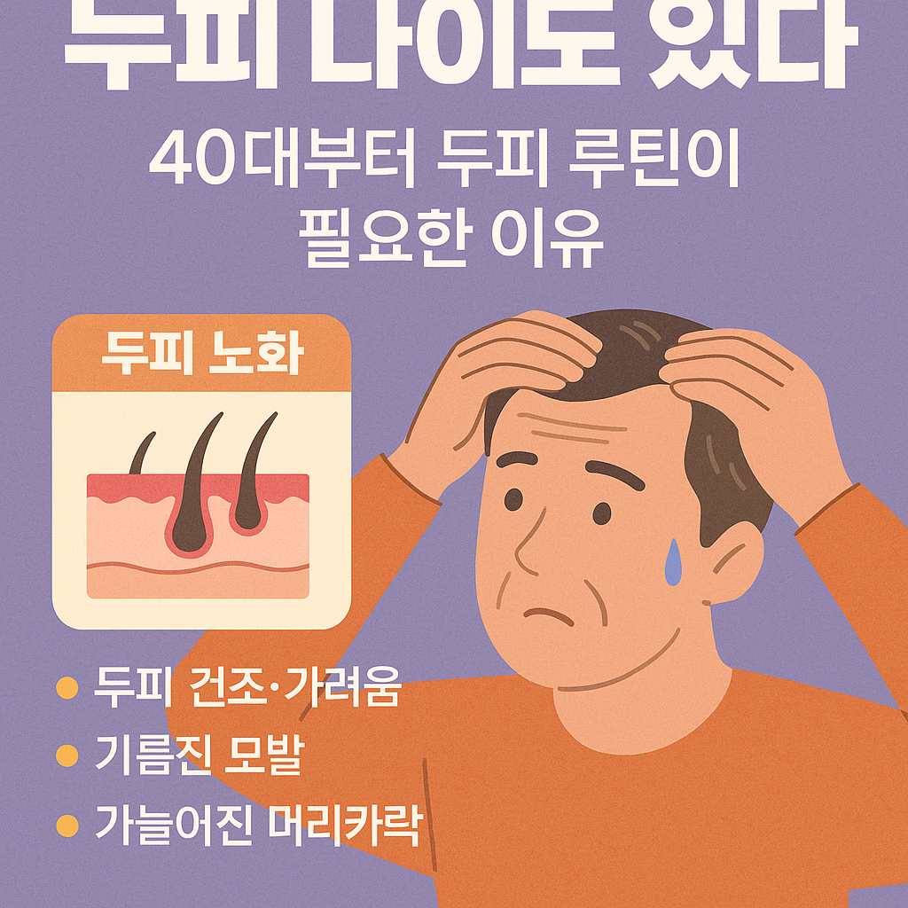 40대 중년 남성과 여성이 두피 노화를 관리하는 일러스트, 모발과 두피 건강을 위한 실천 루틴을 인포그래픽으로 표현한 디지털 삽화
