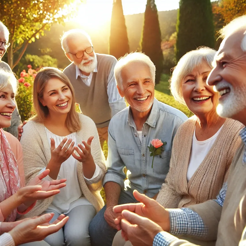 노인들이 친구 및 가족들과 따뜻한 분위기 속에서 야외에서 함께 걸으며 대화하고 있는 모습. 밝은 날씨와 자연환경 속에서 치매 환자들을 위한 긍정적인 환경을 강조하는 장면.
