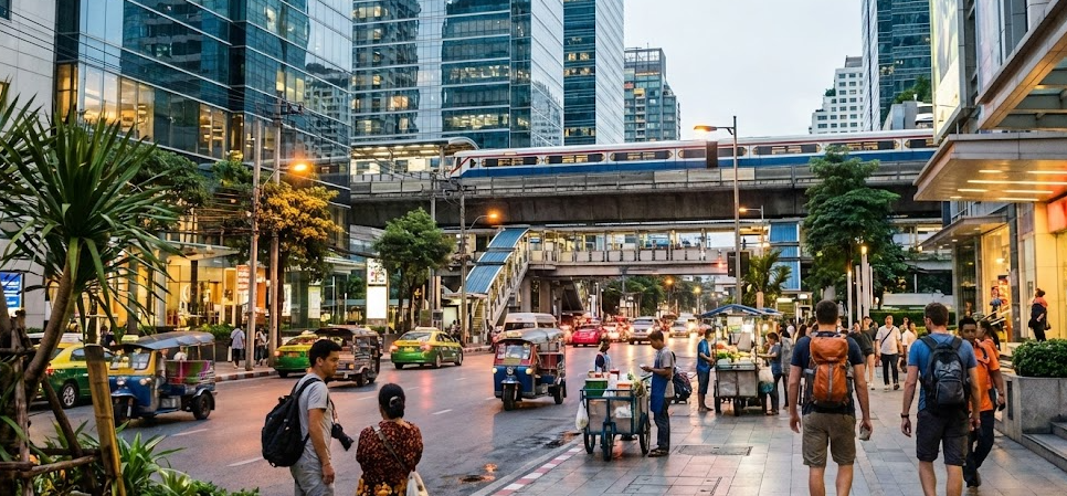 방콕 아속역 주변 도심 거리 풍경과 이동 편리한 분위기
