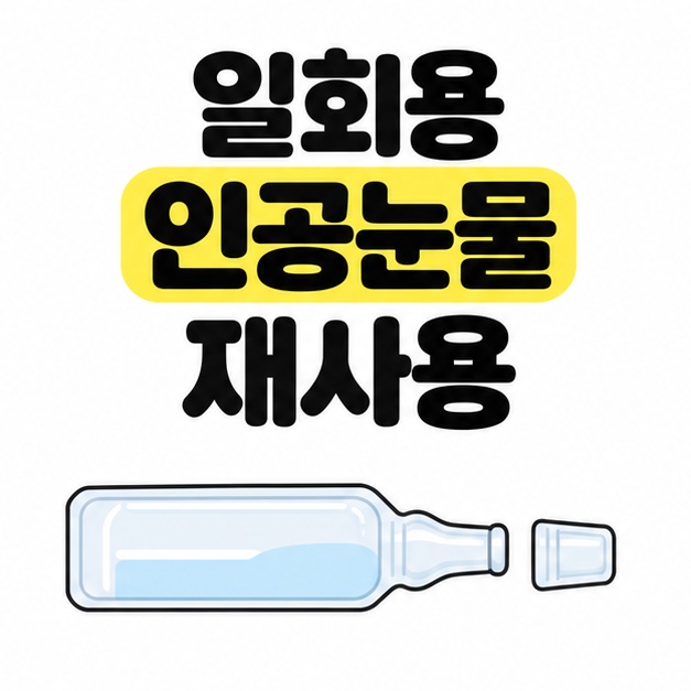 일회용 인공눈물 재사용이라는 제목 아래 액이 담긴 단회용 용기와 분리된 마개를 그린 대표 이미지
