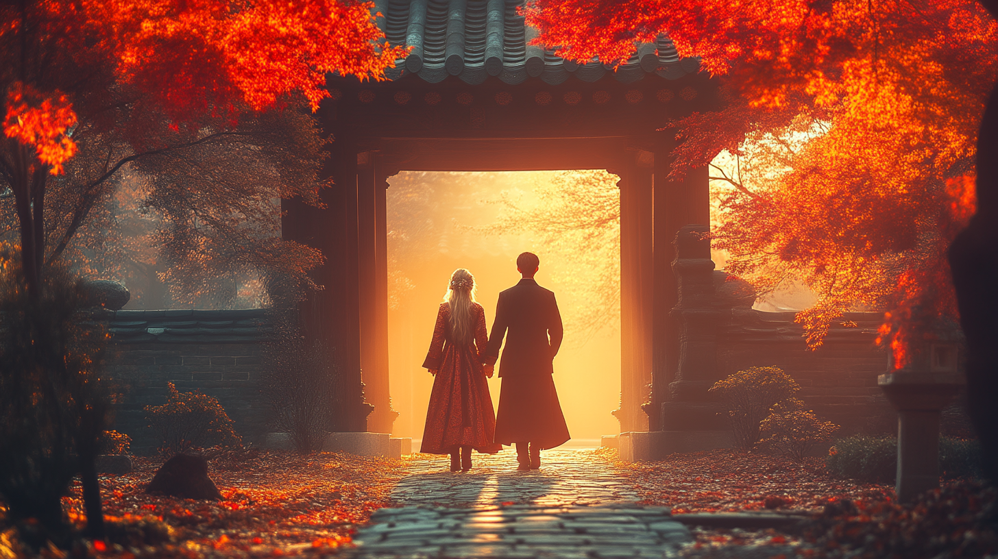 젊은 남녀가 한복을 입고 한국 전통문화체험을 하는 모습 