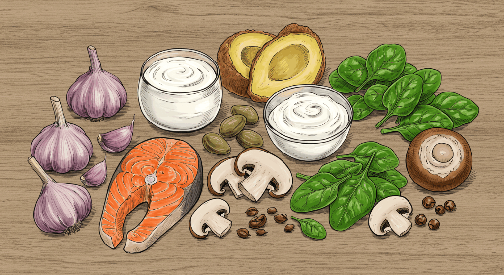 면역력을 높여주는 음식: 버섯, 시금치, 연어, 요거트, 마늘