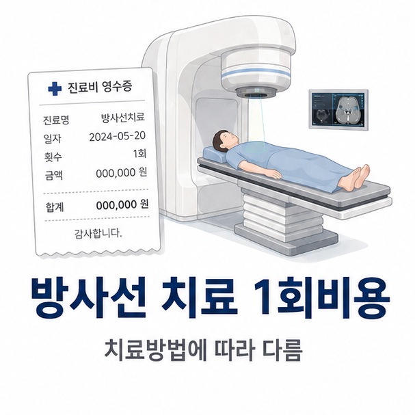 방사선치료 장비와 병원 진료비 영수증을 함께 배치해 방사선 치료 1회비용이 치료방식에 따라 달라진다는 점을 설명한 대표 이미지