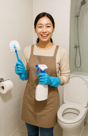 화장실 청소 후 깨끗해진 화장실에서 웃고 있는 동양인 여성