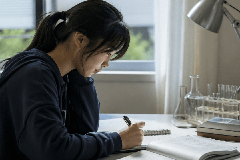 탐구보고서 작성중인 여학생