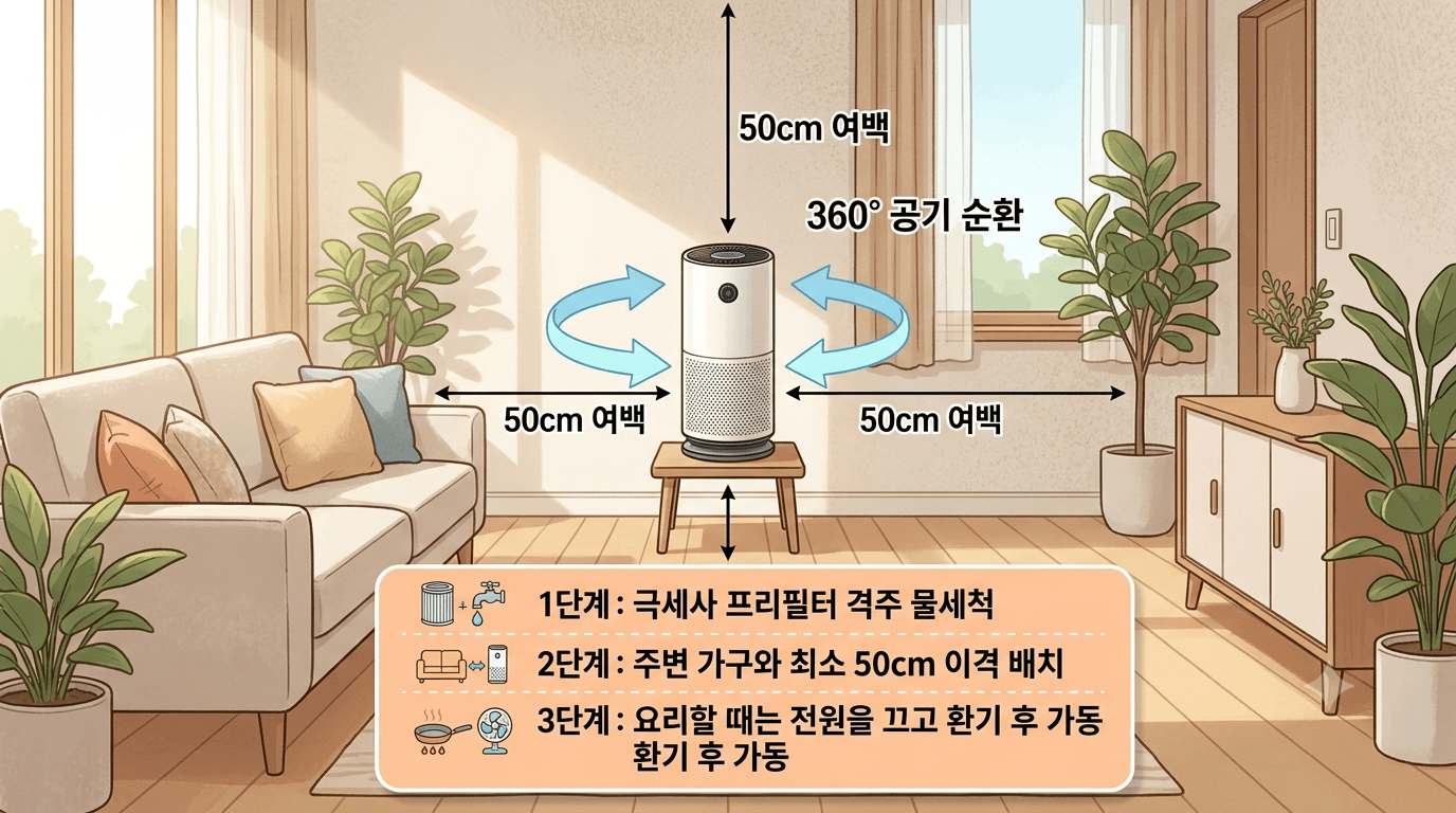 공기청정기는 거실 벽면과 소파로부터 사방으로 시원하게 '50cm 여백'을 두고 떨어져 있으며, 주변으로 맑은 하늘색 화살표가 360도 방향으로 매끄럽게 대류하는 모습이미지