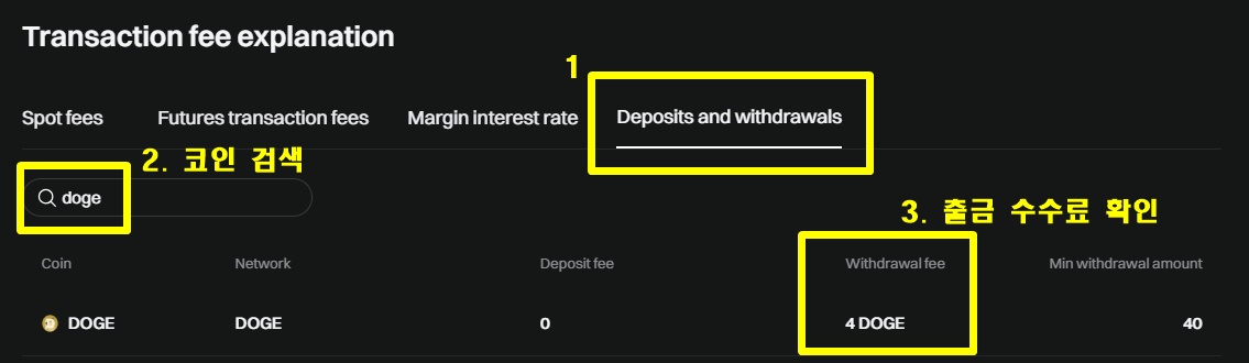 출금수수료 코인 검색창