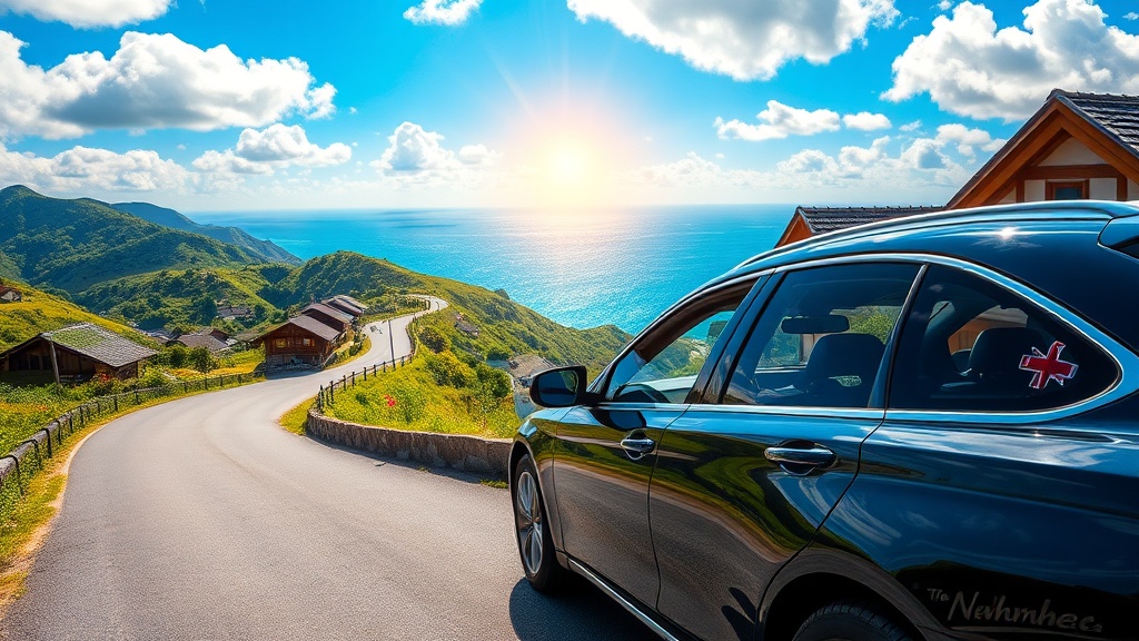 푸른 남해 바다를 배경으로 구불구불 이어지는 해안 도로를 달리는 자동차의 모습. 차창 밖으로 보이는 이국적인 풍경과 드넓은 하늘이 여행의 설렘을 더한다.