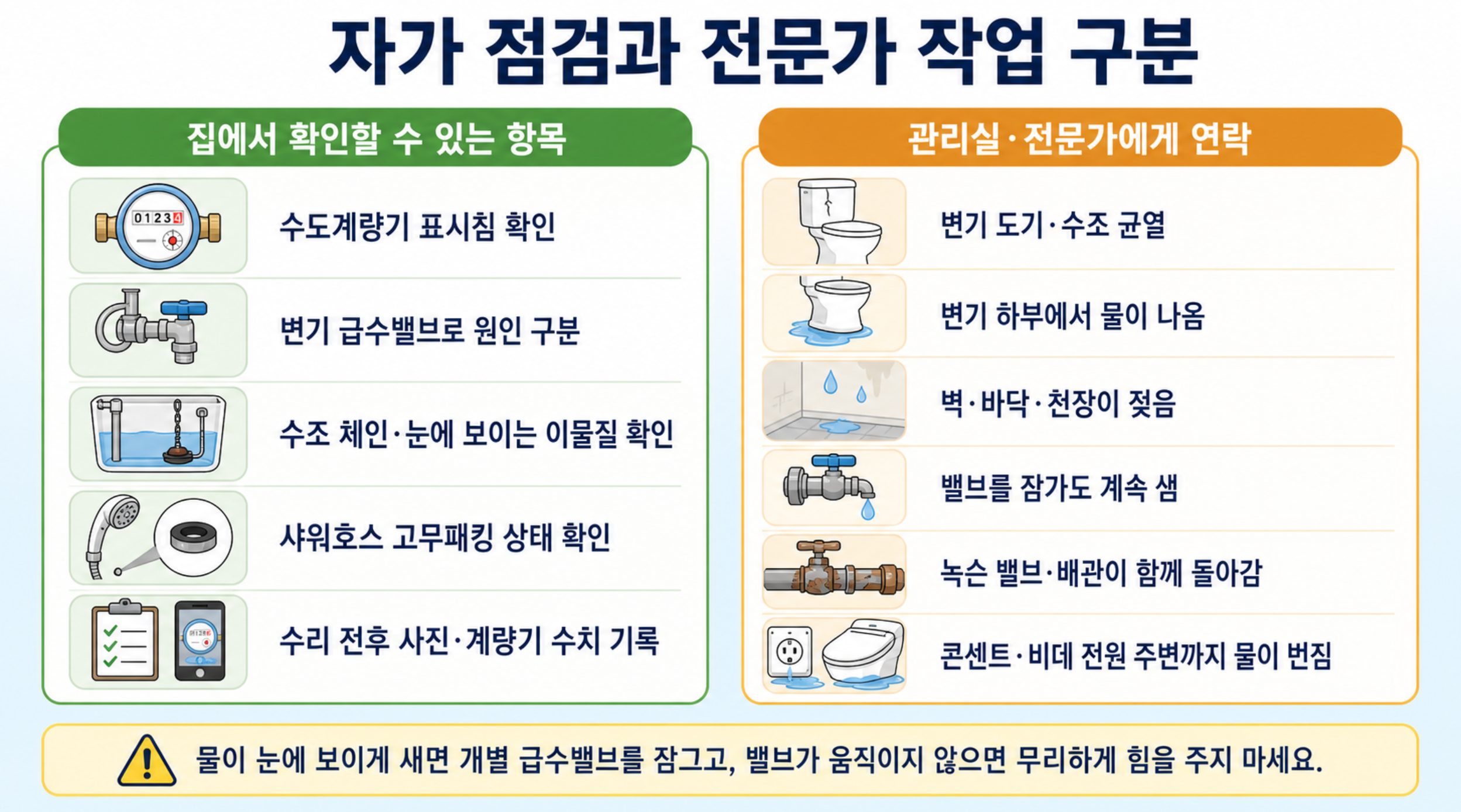화장실 누수를 자가 점검과 전문가 점검으로 구분하는 기준
