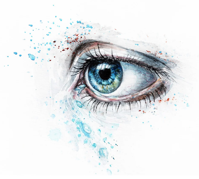 이휘재가 앓는 황반변성 질환의 증상과 원인을 설명하는 수채화풍의 푸른색 눈 일러스트