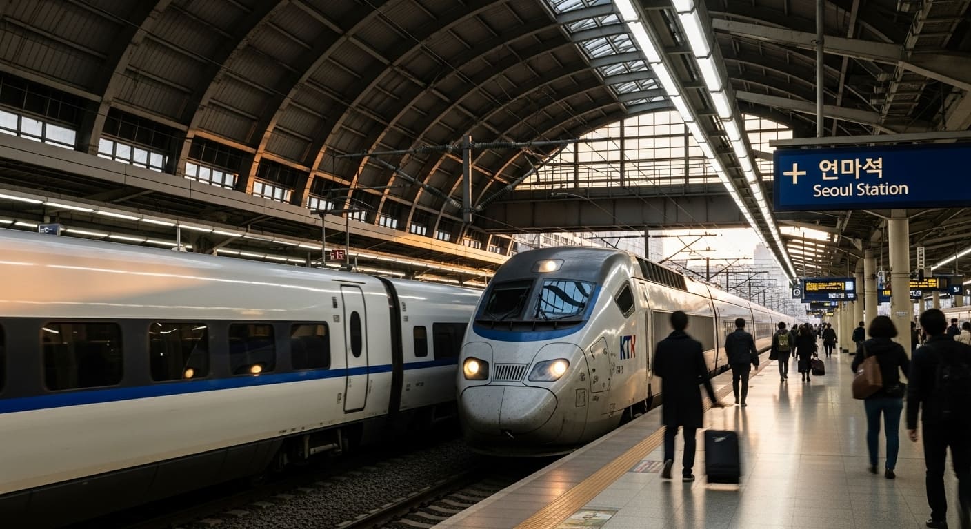 서울역 승강장에서 정차 중인 KTX 열차와 승객들