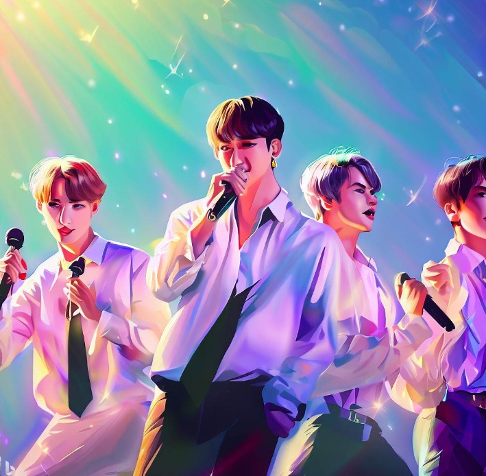 BTS 멤버가 노래하는 장면을 디지털 아트로 표현(made by Bing)