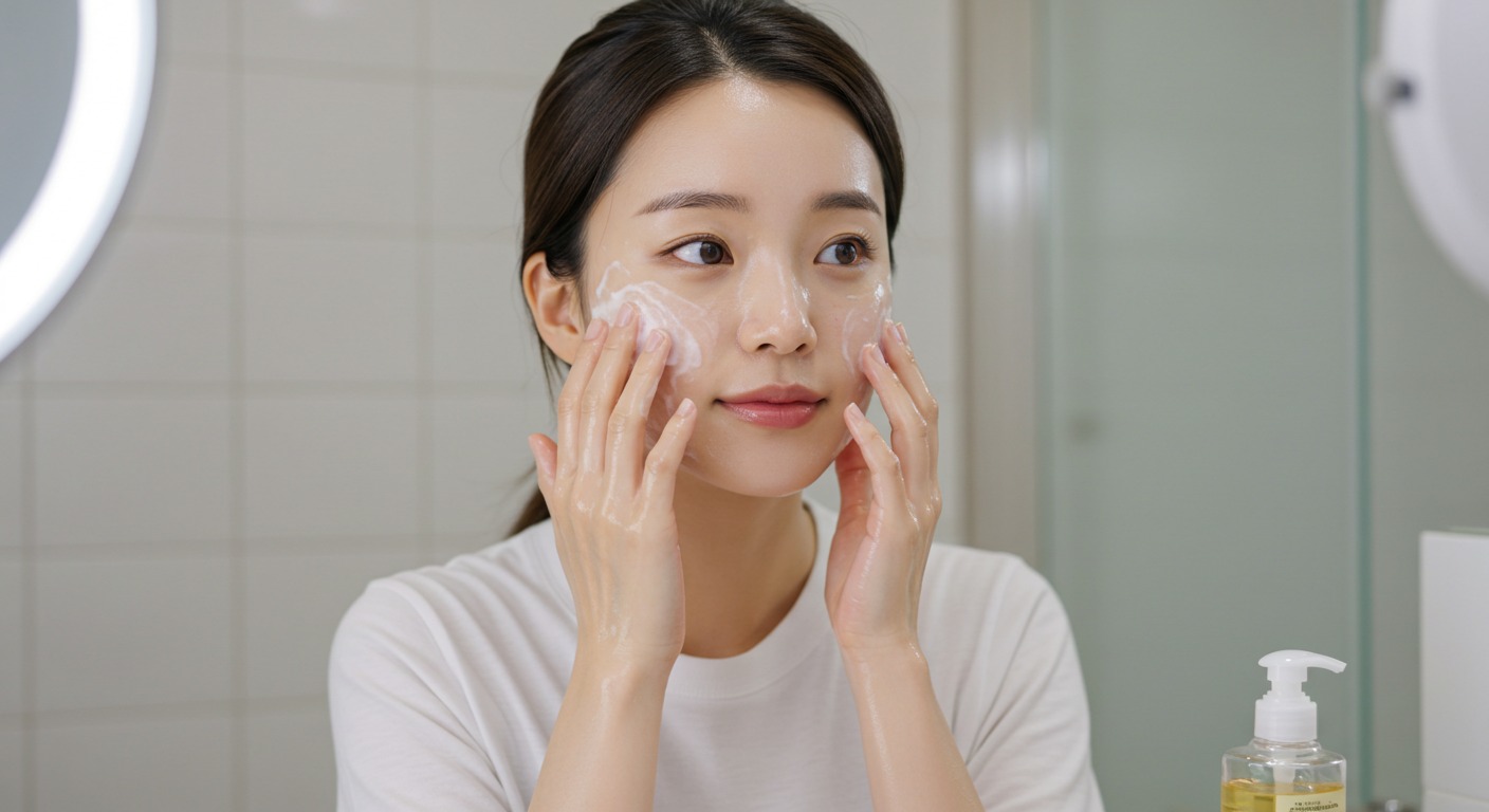 &quot;한 여성이 세면대 앞에서 클렌징 오일로 얼굴을 마사지하는 모습을 화면으로 보여주는 이미지.&quot;
