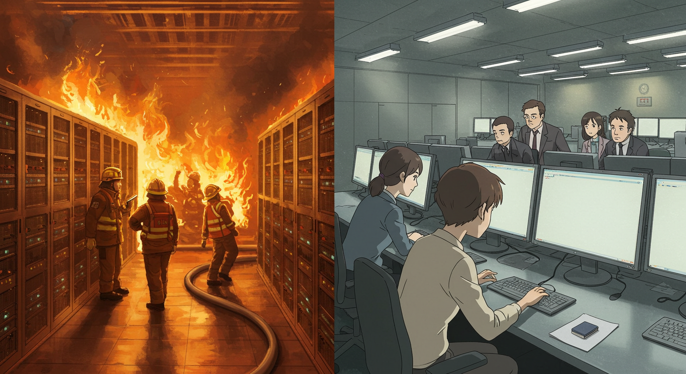 전산실 화재와 컴퓨터 오류로 혼란스러운 공무원들