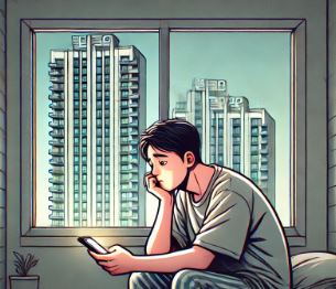 고민하는 청년의 얼굴입니다.