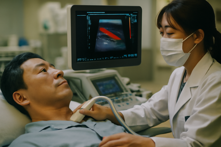 경동맥 초음파로 검사를 받고 있는 중년 남성 이미지