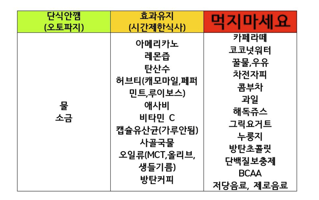 표에서 공복 시간에 먹어도 효과가 유지되는 음식들을 참고해보세요