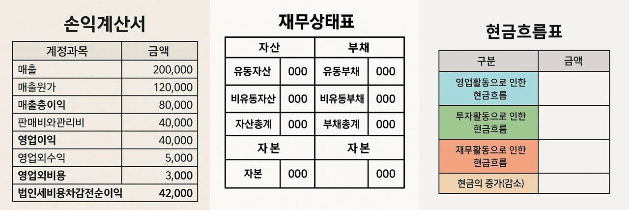 손익계산표, 재무상태표, 현금흐름표