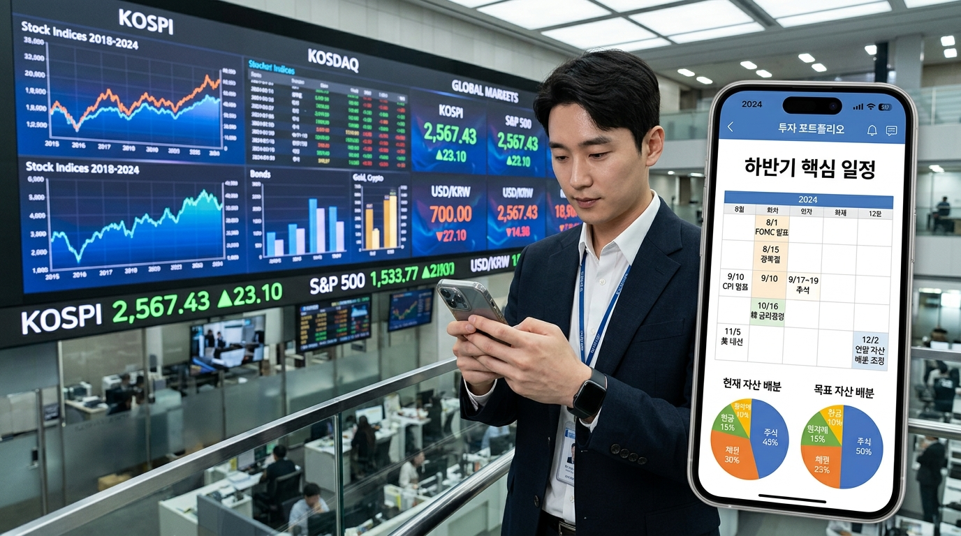 2026년 7월 2일 목요일 아침, 상반기 자산별 성과 전광판 앞에서 한 직장인이 스마트폰 화면의 하반기 핵심 일정표와 내 계좌의 자산 배분 비중을 진지하게 대조 분석하며 리밸런싱 전략을 구상하는 고밀도 3D 금융 인포그래픽
