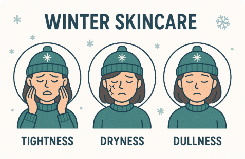 겨울철 피부 당김, 갈라짐, 푸석함 이미지 형상화한 일러스트