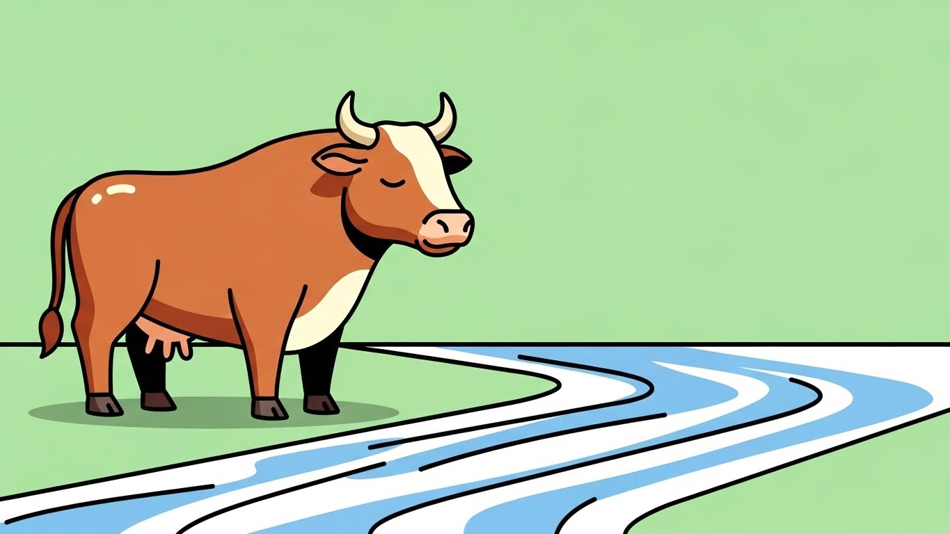 흐르는 강가에서 물의 흐름을 관찰하며 평온을 찾는 소 캐릭터의 2D 플랫 벡터 일러스트