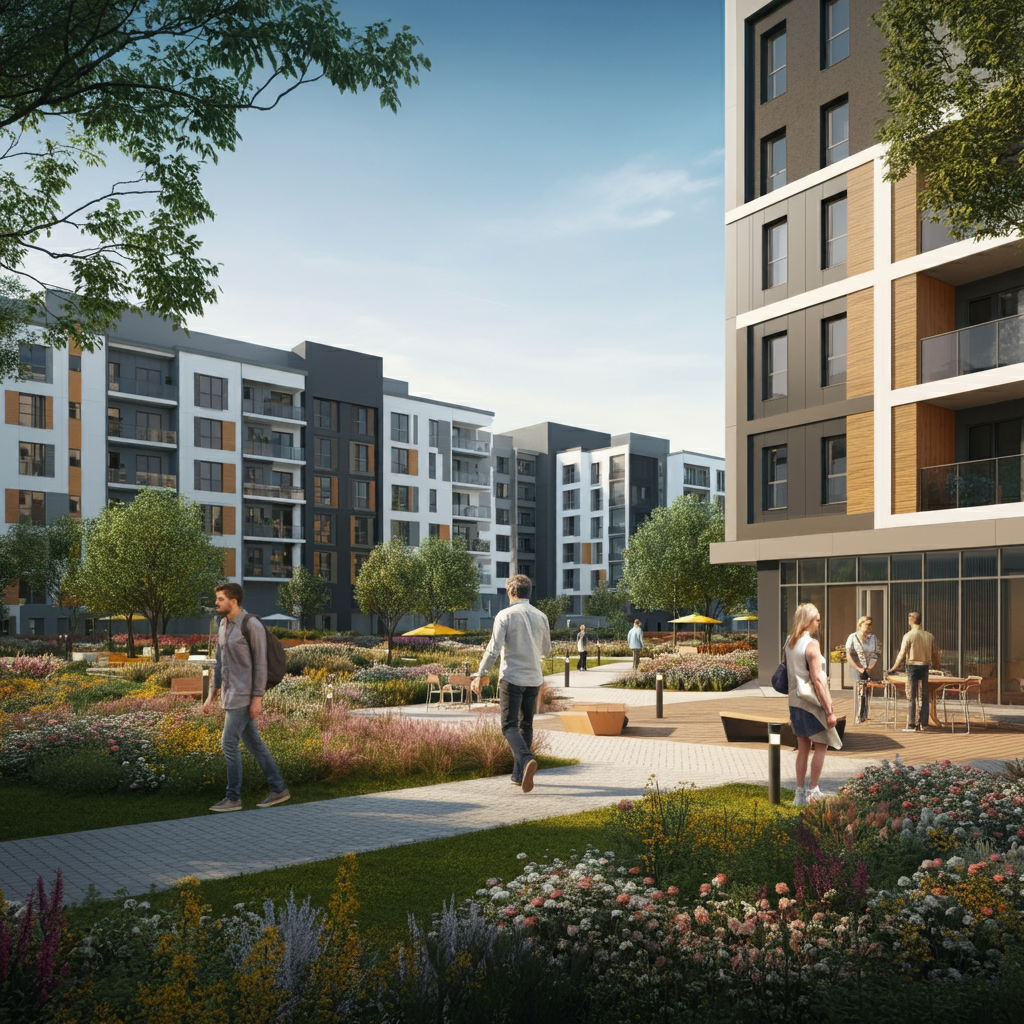 현대 아파트 단지와 파란 하늘을 배경으로 한 극사실적인 썸네일. 사람들의 커뮤니티 공간에서의 상호작용과 푸르른 녹지, 만개한 화초가 포함되어 있습니다