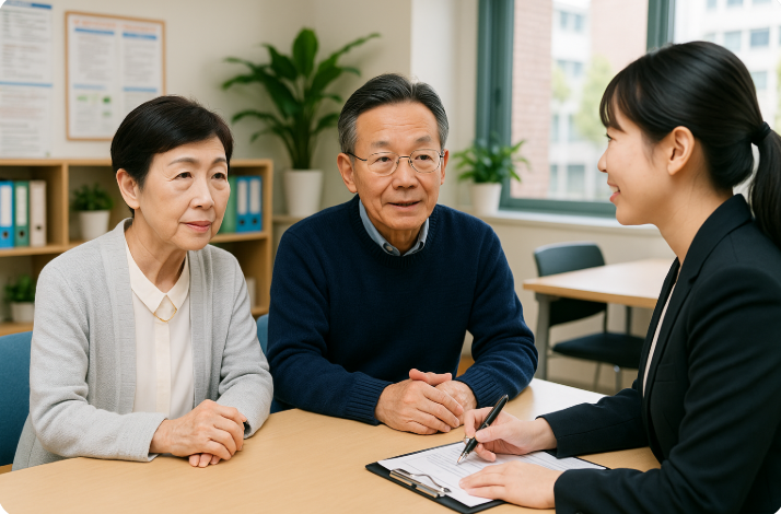 국민연금 상담을 받는 중장년층 부부와 상담 직원의 모습. 연금 추납제도 등 노후 준비에 대해 설명을 듣고 있는 장면.