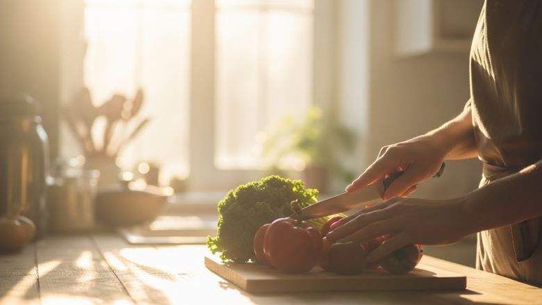 햇살 가득한 주방에서 신선한 채소를 준비하며 건강한 식습관을 실천하는 모습