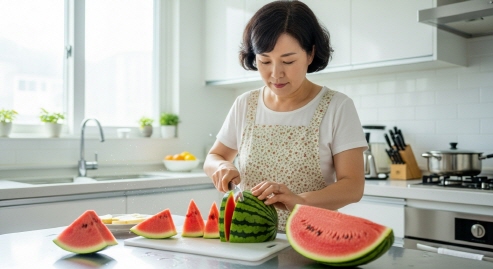 주방에서 수박을 자르는 한국 엄마