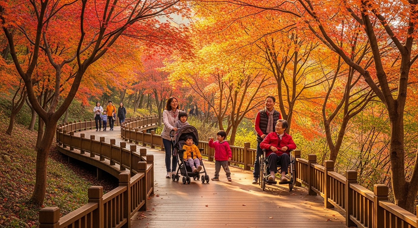 2025년 가을, 휠체어와 유모차가 편안하게 이동할 수 있도록 잘 조성된 화담숲 무장애 데크길 풍경. 알록달록한 단풍나무들이 길을 따라 펼쳐져 있으며, 가족 단위 방문객들이 여유롭게 숲 나들이를 즐기는 모습.